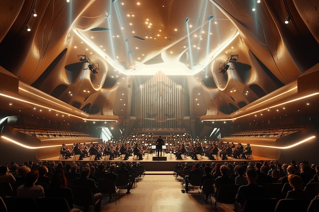 uma sala de concertos com uma sala de concerto com uma sala De concerto atrás do palco