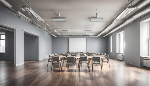 uma sala de conferências com cadeiras e um quadro branco com uma tela nele