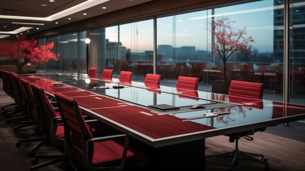 Uma sala de conferências com cadeiras vermelhas e uma grande mesa de vidro ai