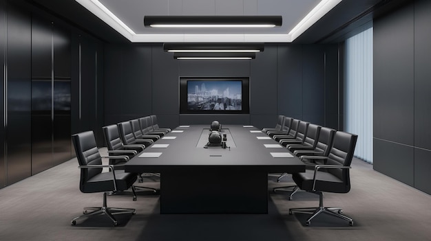 Uma sala de conferências com uma grande mesa preta e cadeiras com uma tela grande