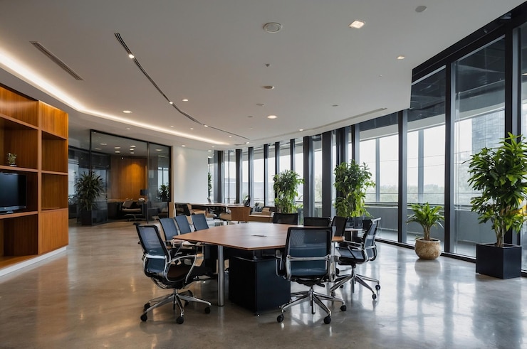 Foto uma sala de conferências com uma mesa e cadeiras com plantas nela