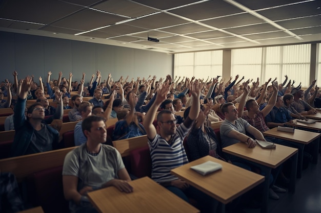 Uma sala de conferências da faculdade cheia de estudantes ansiosos.