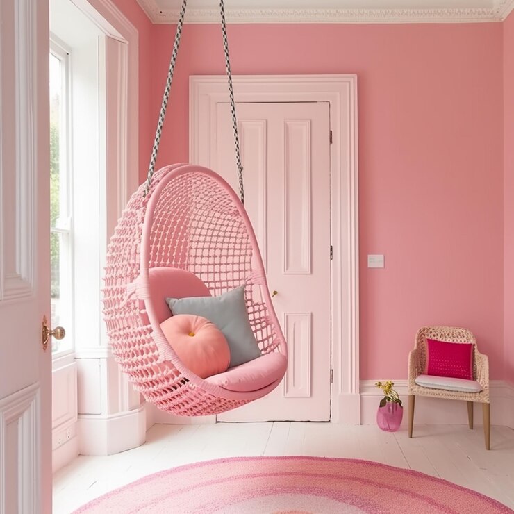 Foto uma sala de cores brilhantes com uma cadeira de balanço rosa e um tapete rosa generativo ai