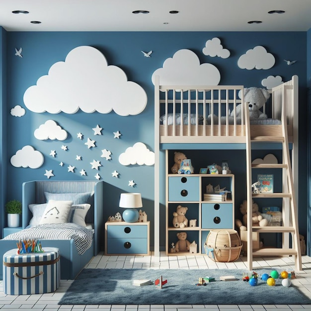 uma sala de crianças com um tema azul e branco com nuvens e uma cama azul