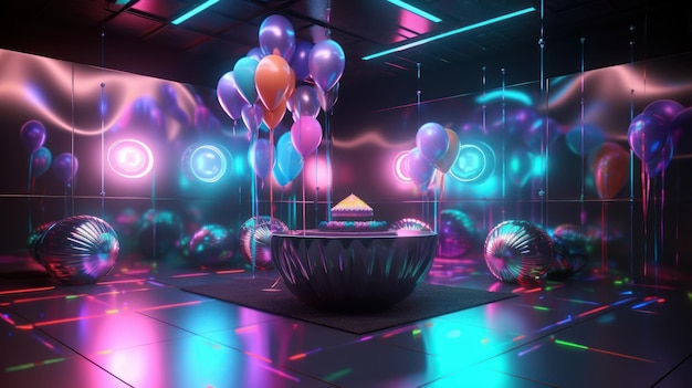 Uma sala de discoteca neon com balões e uma bola de discoteca.