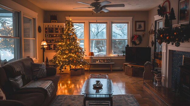 Uma sala de estar aconchegante com presentes de árvore de Natal e uma lareira