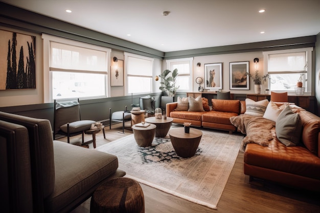 Uma sala de estar aconchegante com sofás macios, mantas quentes e toques modernos criados com inteligência artificial generativa