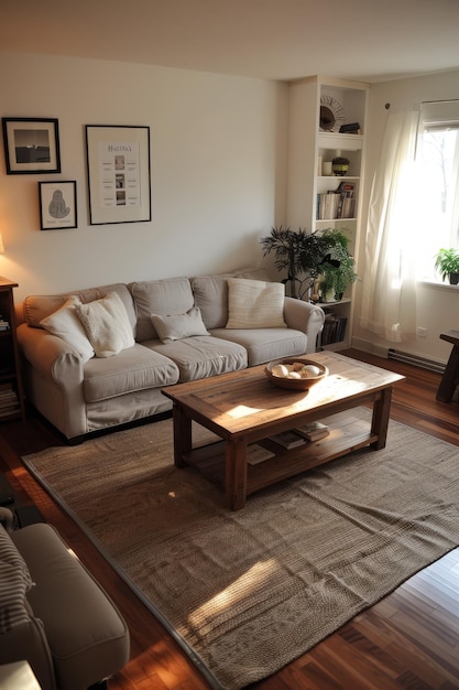 Uma sala de estar aconchegante com um tapete de mesa de café sofá e plantas