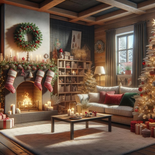 Foto uma sala de estar aconchegante com uma árvore de natal alta no canto