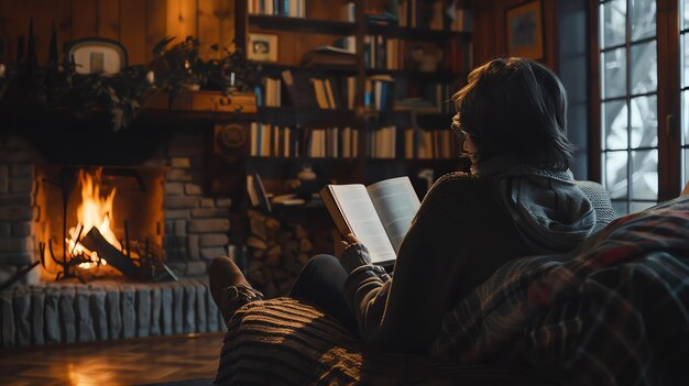 Foto uma sala de estar aconchegante com uma lareira e uma mulher a ler um livro