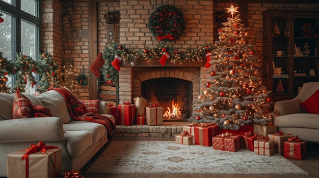 Uma sala de estar aconchegante com uma lareira, presentes de árvore de Natal e um sofá