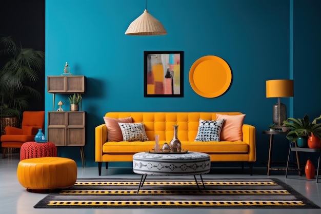Uma sala de estar adornada com uma mistura de cores vibrantes Criada com tecnologia generativa de IA