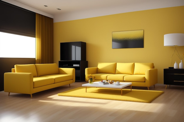 Uma sala de estar amarela com uma parede amarela e uma tv preta.