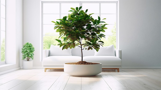 Uma sala de estar branca com um grande vaso de plantas.