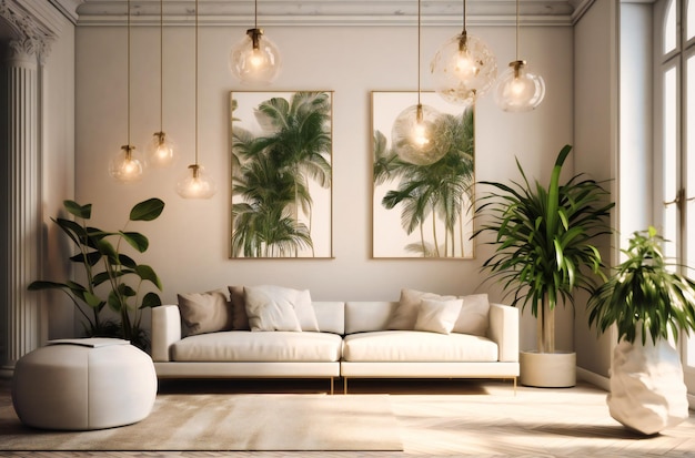 Uma sala de estar branca tem candeeiros brancos, plantas verdes e um sofá branco
