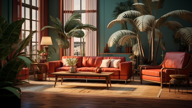 Uma sala de estar cheia de móveis e uma palmeira