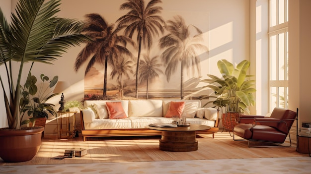 Uma sala de estar cheia de móveis e uma palmeira
