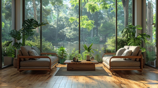 Uma sala de estar cheia de móveis e vegetação