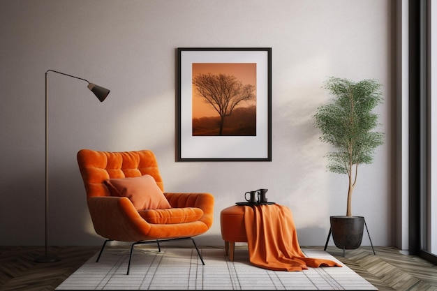 Uma sala de estar com a foto de uma árvore e uma cadeira.