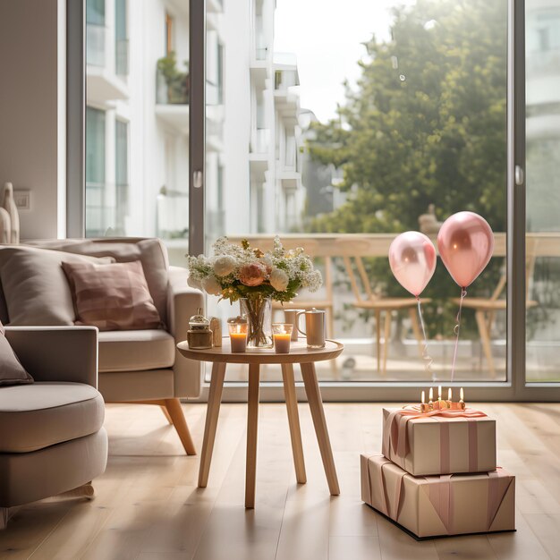 Uma sala de estar com balões rosa ao fundo