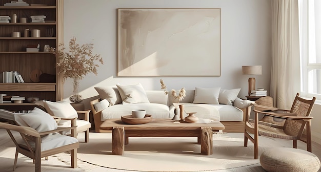 uma sala de estar com cores neutras e móveis de madeira