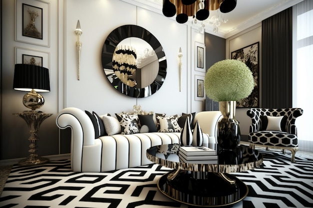 Uma sala de estar com espelho e um sofá com almofadas pretas e brancas.