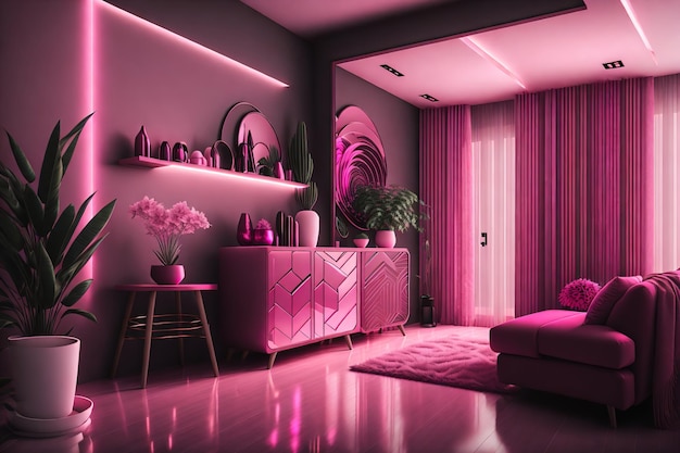 Uma sala de estar com luzes rosa e um sofá