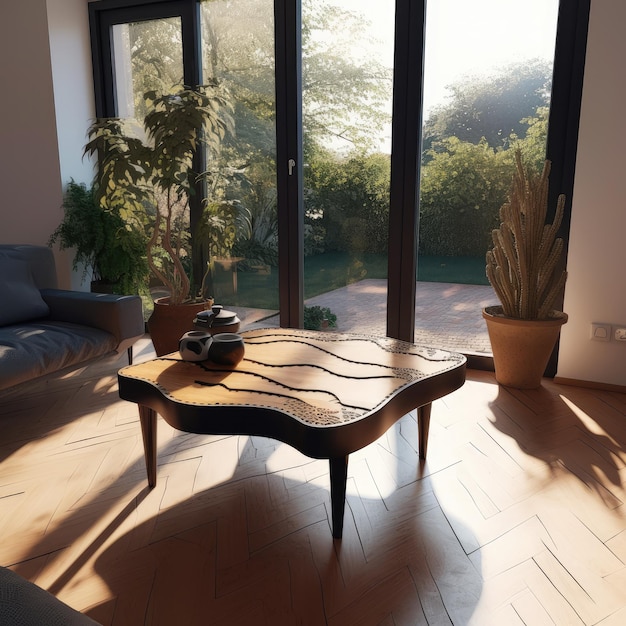 Uma sala de estar com mesa de centro e duas plantas no chão.