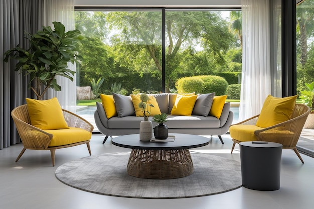 Uma sala de estar com móveis amarelos e cinzentos e uma mesa de café