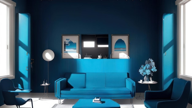 Uma sala de estar com móveis azuis e um sofá azul.