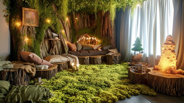 Foto uma sala de estar com móveis de tronco de árvore, tapetes de musgo e luzes brilhantes suaves