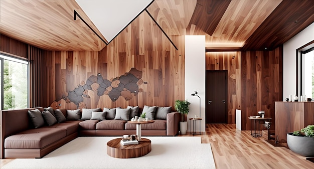 Uma sala de estar com painéis de madeira e sofá grande
