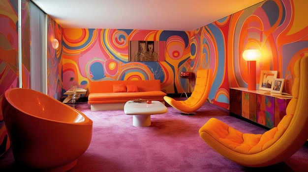 Uma sala de estar com papel de parede colorido e um sofá com uma mesa redonda ao centro.