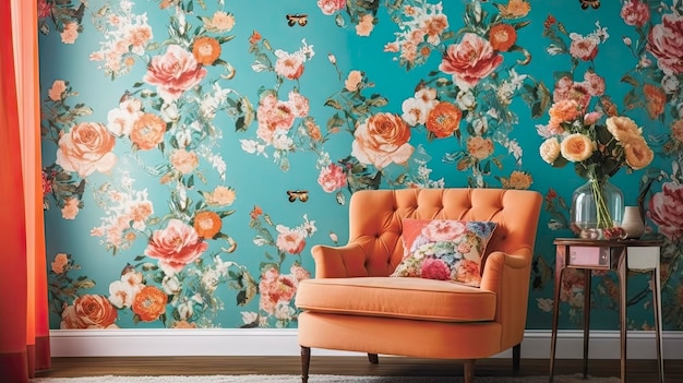 Uma sala de estar com papel de parede floral.