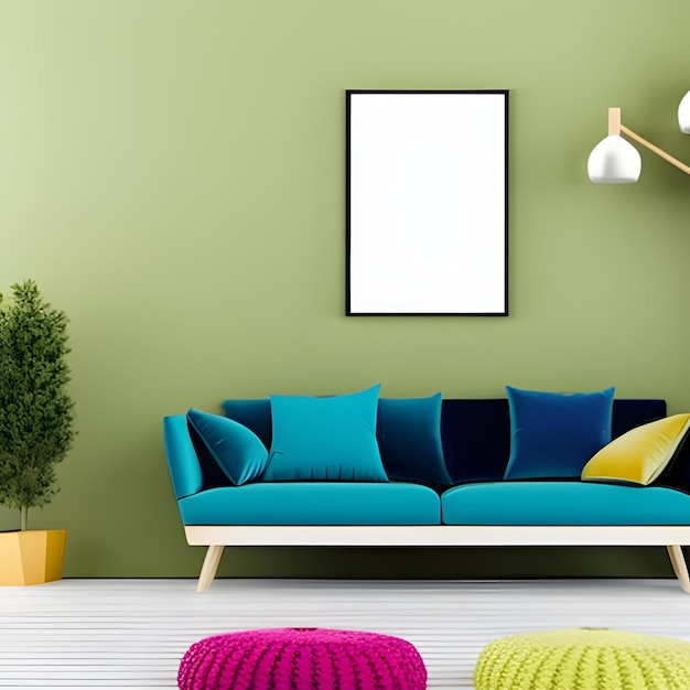 Uma sala de estar com parede verde e um sofá com almofadas coloridas e um quadro na parede.
