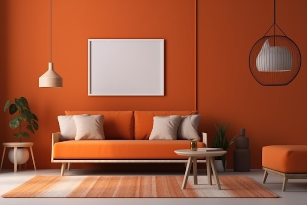 Uma sala de estar com paredes cor de laranja e um quadro branco emoldurado que diz "laranja"