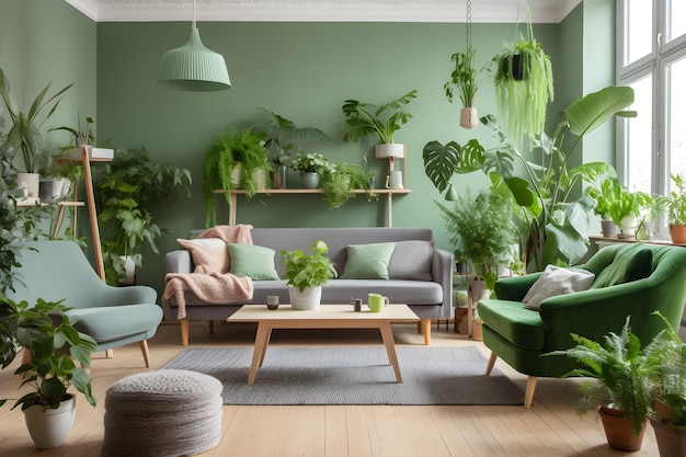 Uma sala de estar com paredes verdes e uma parede verde com plantas.