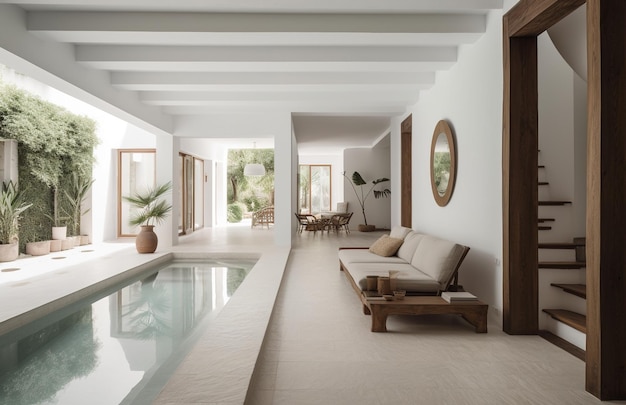 Uma sala de estar com piscina e uma parede de janelas com moldura de madeira