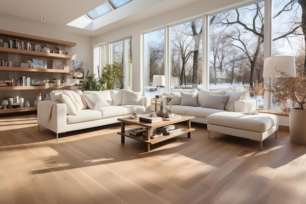 Uma sala de estar com piso de madeira de design escandinavo