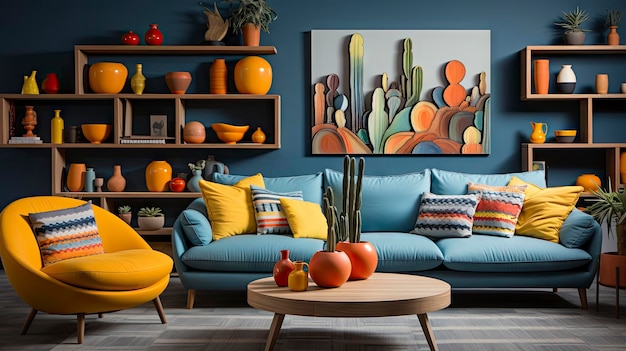 uma sala de estar com sofá azul e cadeiras laranja.