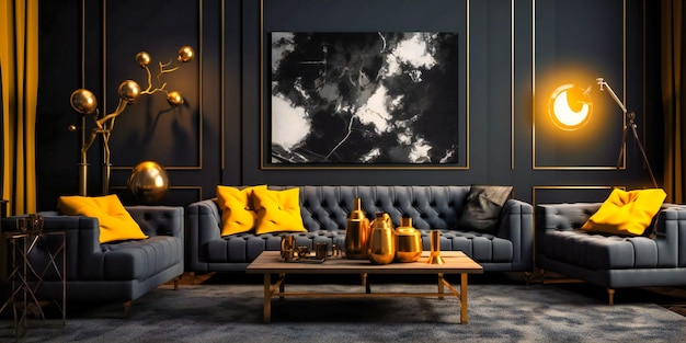 Uma sala de estar com sofá dourado e paredes pretas