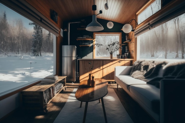 Uma sala de estar com sofá e mesa de centro no meio de uma floresta nevada.