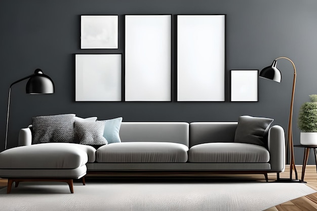 Uma sala de estar com sofá e três quadros emoldurados na parede.
