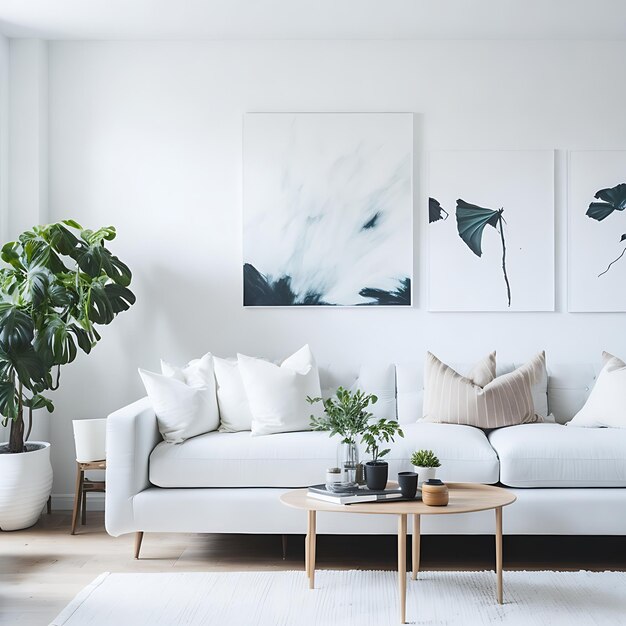 Uma sala de estar com sofá e uma parede branca com uma pintura