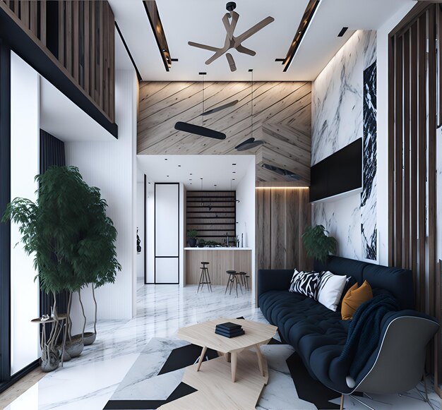 Uma sala de estar com sofá, mesa de centro e design de ventilador de teto