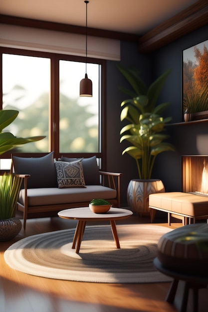 Uma sala de estar com sofá, mesa de centro e uma planta na parede.