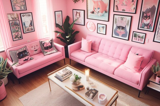 Uma sala de estar com sofás cor-de-rosa e quadros na parede Imagem generativa de IA