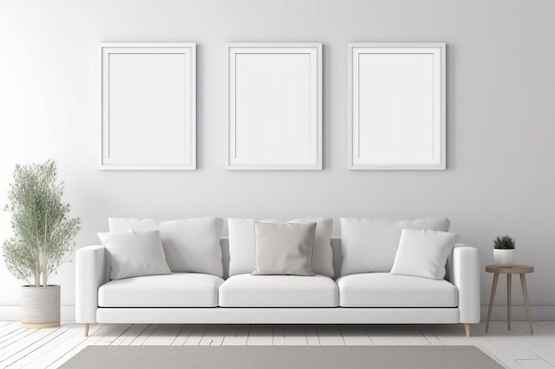 Uma sala de estar com três molduras brancas na parede.
