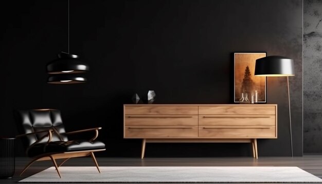 Uma sala de estar com um armário de madeira e um candeeiro.