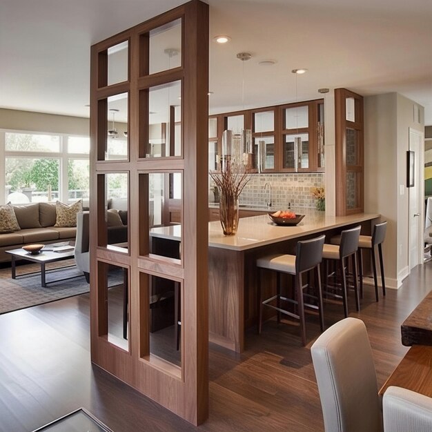 Uma sala de estar com um bar, uma mesa com cadeiras e uma mesa com um vaso de flores.